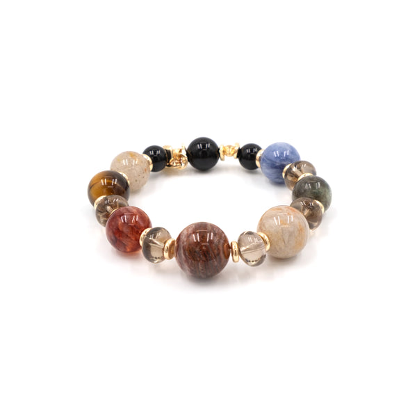 Lemurea Celestial Alignment II Gray Layered Phantom, Brown Layered Phantom, Red Flower Phantom, Feather Fluorite, Yellow Tiger Eye, K2 Stone & Obsidian